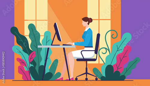 Businesswoman remote working on a computer at a desk surrounded by vibrant plants