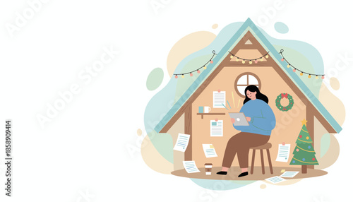 Cozy holiday remote work in an attic office Woman using tablet amidst Christmas decorations