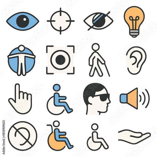 Accessibility and Inclusivity Icons: A collection of concise icons representing accessibility and inclusivity across various forms of disabilities.