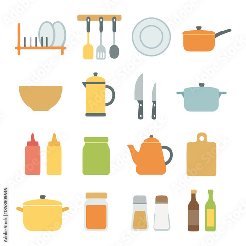 Culinary Essentials: A collection of kitchen utensils and cookware, neatly arranged, representing a range of cooking tools for various culinary purposes.