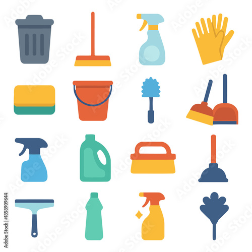 Cleaning Supplies: A colorful array of essential tools for maintaining a spotless and hygienic environment. Capturing the essence of cleanliness and order, with a focus on sanitation.