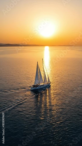 Sailboat Sailing Across Golden Ocean During Sunset Cinematic Drone Footage