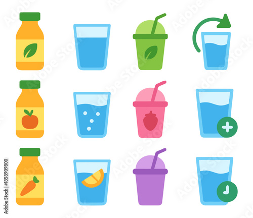 Colorful Refreshments Array: A vibrant assortment of refreshing drinks, presented in a delightful, eye-catching arrangement, perfect for showcasing the variety and appeal of healthy beverages.