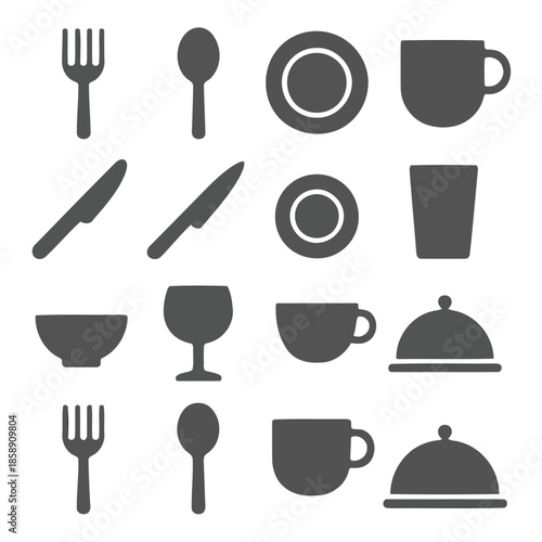 Tableware Assortment: A diverse collection of minimalist tableware silhouettes, elegantly arranged to showcase dining essentials. Each silhouette, devoid of detail.