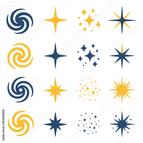 Celestial Array of Designs: A mesmerizing assortment of stars and swirling vortexes in shades of blue and gold create a captivating visual symphony.