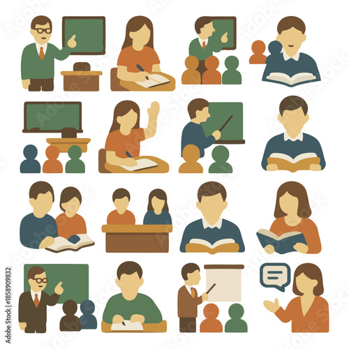 Educational Moments: A collection of educational illustration, showing moments in classrooms and studying environment, capturing the learning experience.