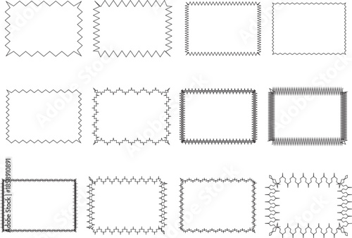 Set of black and white rectangular frames with different decorative borders. Collection of simple outline boxes, zigzag, dashed, stitched, and hand-drawn style frames, perfect for labels, templates