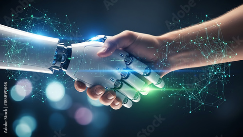 Robot and human hand shaking with glowing connections