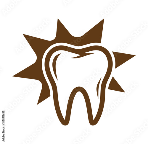 Brown tooth surrounded by a starburst symbolizing dental health and protection