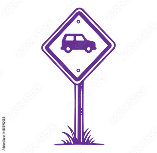 Purple road sign depicting a car warning motorists of potential hazards ahead on the route