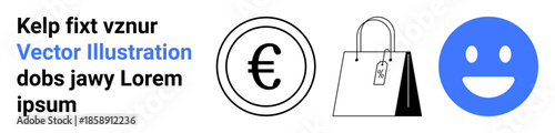 E-commerce, shopping, finance, digital payments, marketing, and customer service. Euro symbol, shopping bag with tag and happy face. E-commerce and shopping concepts