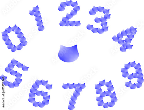 さりげなく可愛くておしゃれな猫顔シルエットで出来た数字0〜9セット_青