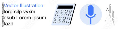 Technology, data analysis, communication, audio recording, innovation, growth. Calculator, microphone and upward arrows . Technology and data analysis concept visually