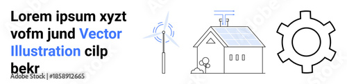 Solar panel house with radio antenna, wind turbine, and large gear icon. Ideal for sustainability, renewable energy, eco-living, clean technology, innovation, green building simple landing page
