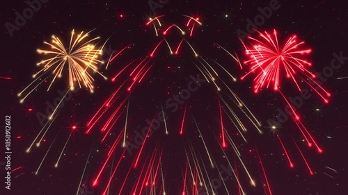 Festive New Year celebration firework display background with exploding red and golden fireworks and shiny gold stars and particles.