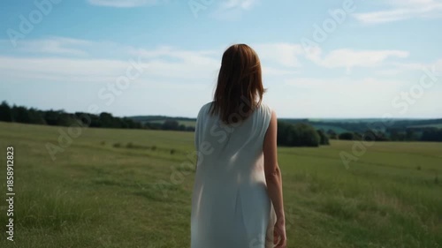 a woman standing on a hill overlooking a wide green landscape, gentle wind moving her hair, natural daylight, minimal composition, smooth slow-motion video, lifestyle concept, clean 