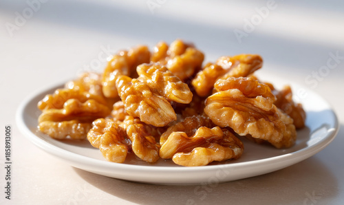 Glossy fresh walnuts on white plate under natural light. generative aI