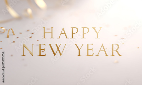 Elegant Happy New Year Greeting with Gold Confetti on Clean White Background for Festive Celebration. generative aI