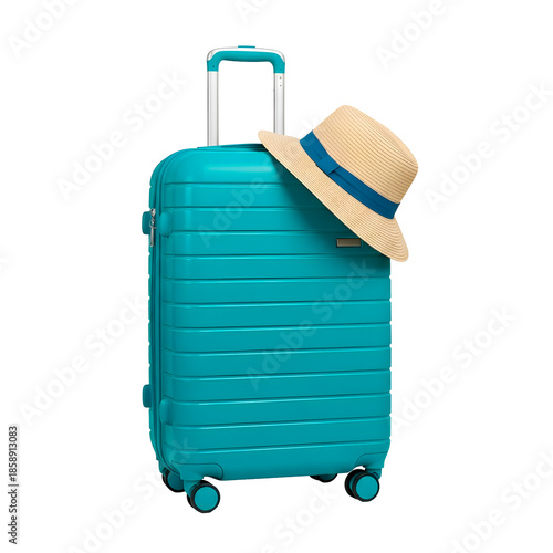 Teal travel suitcase with straw hat on top, isolated on white background
