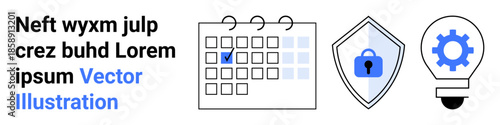 Productivity, cybersecurity, data security, innovation, strategic planning, and workflow. A calendar with a checkmark, shield with a lock and a lightbulb with a gear inside. Productivity