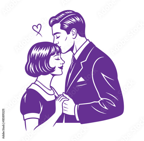 man in suit kissing woman with short hair and heart above them on transparent background