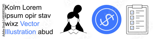 Business organization, financial planning, personal management, task completion, budgeting, efficiency. Woman avatar, dollar sign in circle checklist clipboard. Financial planning personal