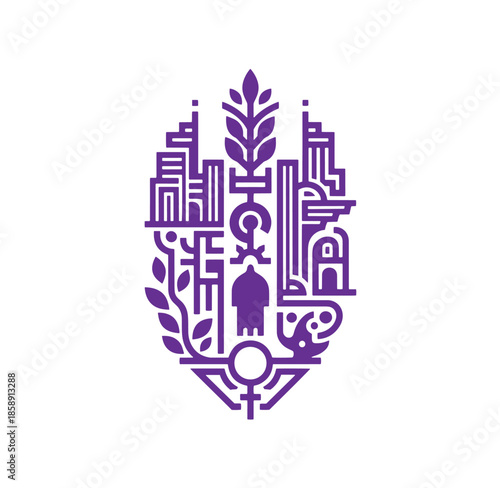 Purple cityscape with buildings and plant life in a circular composition