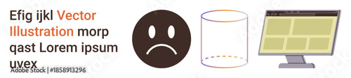 Emotion expression, data analysis, design layouts, web development, communication, creative visuals. Sad face icon, cylinder and desktop screen with text. Emotion expression and data analysis
