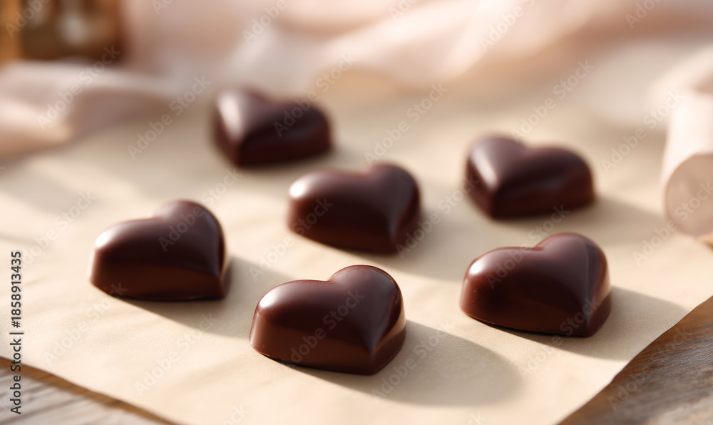 Fototapeta premium Heart Shaped Dark Chocolates Neatly Arranged on Beige Paper with Warm Sunlight. generative aI