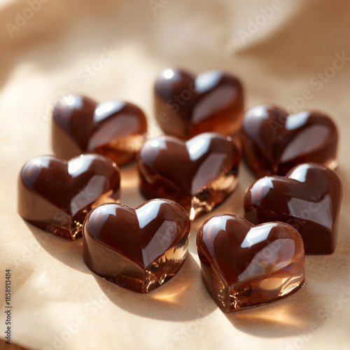Shiny Brown Heart Shaped Gummies Glowing Under Sunlight on Brown Paper Background. generative aI