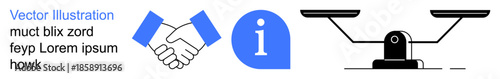 Business agreements, justice, legal balance, information sharing, trust, and decision-making. Handshake icon, information symbol and balance scale. Trust and justice concepts