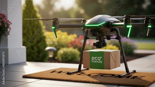 Futuristic Delivery Drone Landing on Residential Doorstep Welcome Mat with Eco Friendly Package