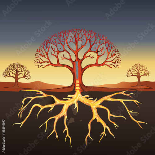 Tree Growth Stages with Root System and Carbon Cycle Diagram