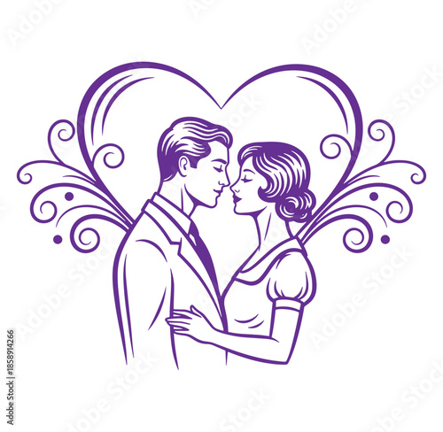 romantic couple embracing and kissing in front of a heart