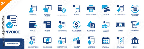 Invoice icon. Includes bill, payment, automated payment, financial, paid invoice, transaction. Solid vector icon set.