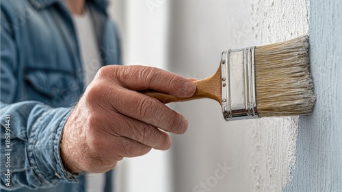 painter man, brush in hand for products to restore and paint the wall, indoor the building site of a house, wall during painting, renovation, painting, contractor, Architect, construction worker