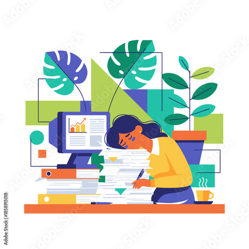 Overworked employee overwhelmed by documentation and deadlines illustrating burnout and stress