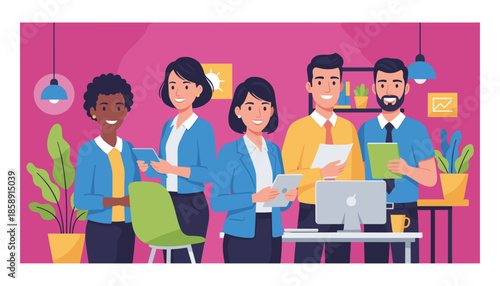 Diverse business team collaborating in a modern vibrant office setting Professional vector illustration