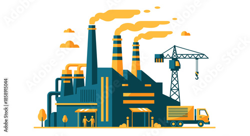 Industrial factory illustration with smoking chimneys tower crane and truck Manufacturing energy and production concept