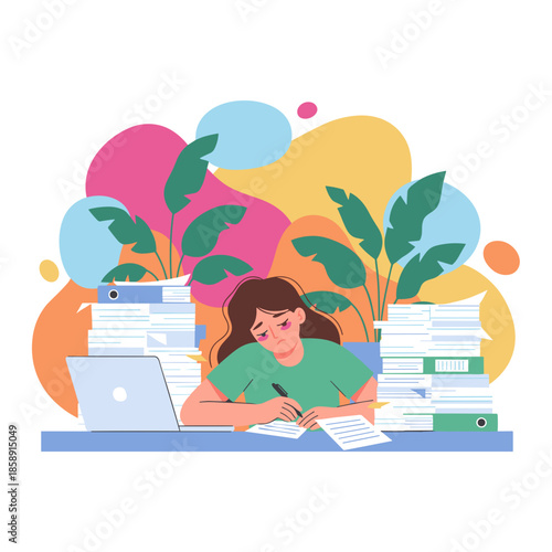 Stressed businesswoman drowning in paperwork and excessive office work feeling burnout