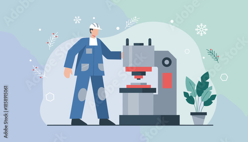 Industrial worker operating heavy machinery in a factory workshop Manufacturing and production concept illustration