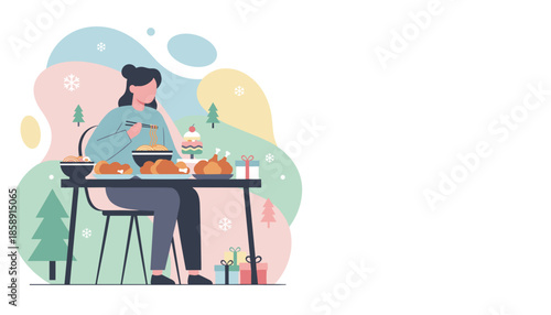 Woman enjoying a large festive holiday feast with noodles chicken and cake Modern vector illustration concept