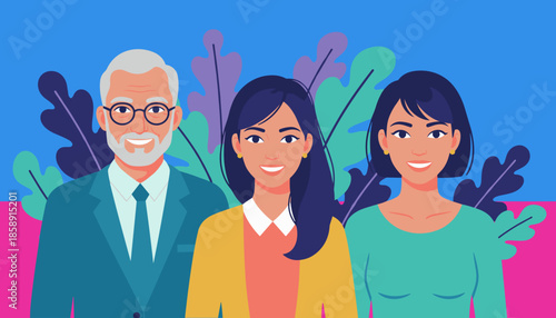A diverse group of three professionals smiling in a vibrant vector portrait illustration