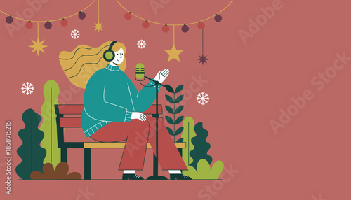 Woman recording a festive winter podcast outside Flat design illustration for holiday broadcasting and digital audio