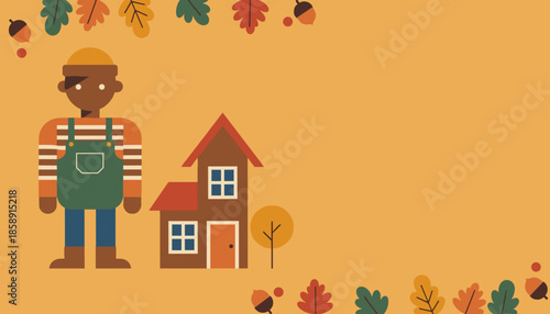 Farmer and house with autumn leaves background Harvest season vector graphic