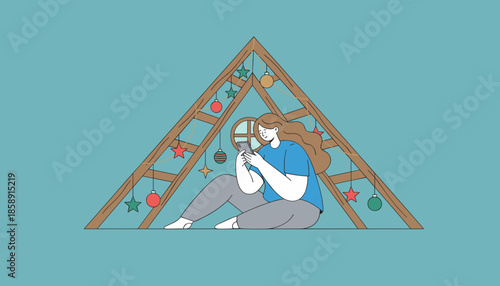 Woman on phone in a cozy decorated attic space holiday communication and relaxation