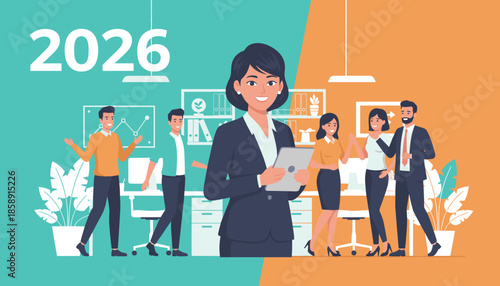 Successful business team planning for 2026 Leadership collaboration and corporate development