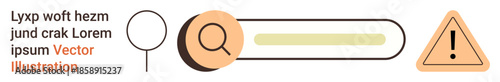 Web development, search tools, user interface design, browsing, error warnings, digital navigation. Magnifying glass, search bar and triangular warning icon. Search tools and web development concept