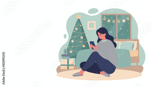 Woman feeling sad and lonely on her phone during the Christmas holiday season