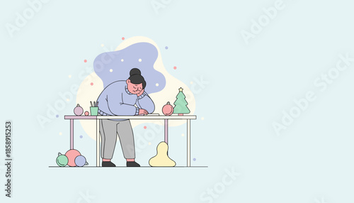 Holiday fatigue Sad woman leans on a desk with Christmas decorations Stress concept